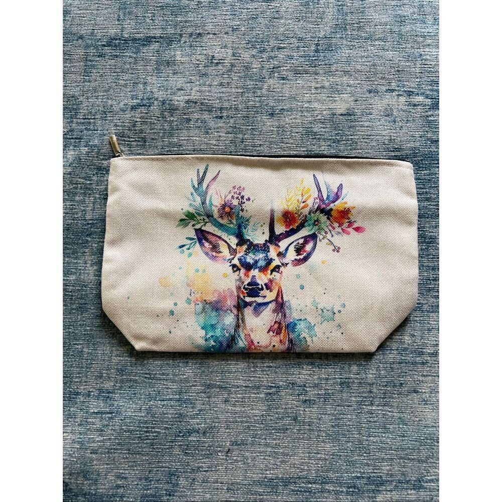 Colorful Watercolor Buck Cotton Canvas Small Makeup Bag Travel Toiletry Pouch